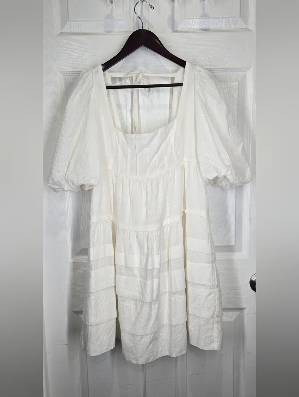 Anthropologie Square-Neck Puff-Sleeve Tiered Mini Dress White M - Picture 15 of 17